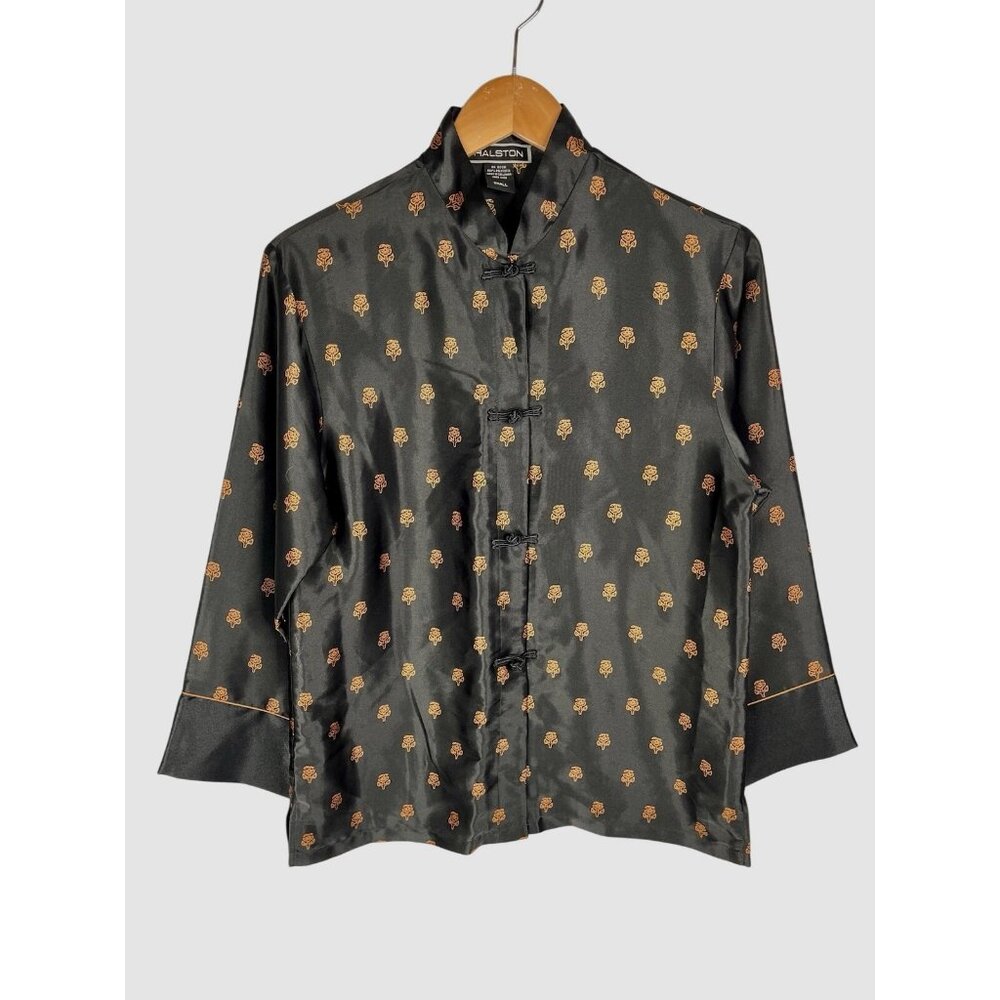 HALSTON Women's Black Floral Kimono Blouse Small